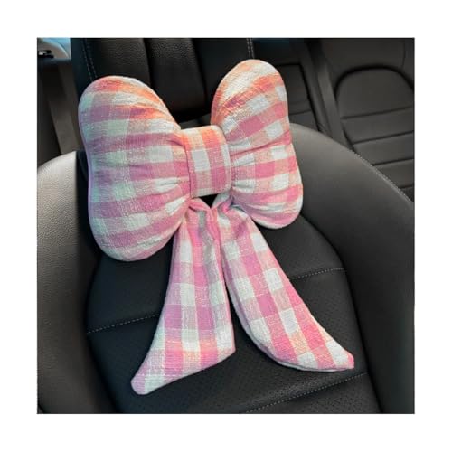 Bittwee Bow Car Headrest Pillow, Breathable Memory Foam Vehicle Neck Pillow with Adjustable Strap, Ergonomic Auto Neck Support Cushion for Pain Pressure Relief, Universal for Most Cars (Pink/Grid) - color: Pink/Grid