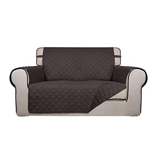 PureFit Reversible Quilted Sofa Cover, Water Resistant Medium Slipcover Furniture Protector, Washable Couch Cover with Non Slip Foam and Elastic Straps for Kids, Pets (Loveseat, Chocolate/Chocolate) - color: Chocolate/Chocolate, size: Medium