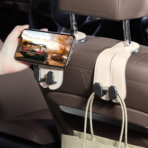 CoBak Headrest Hooks for Car - Universal Premium Stitched Leather and Aluminum-Magnesium Alloy Double Car Seat Back Storage Hook for Purses, Handbags, Bags (2 Pack),Beige