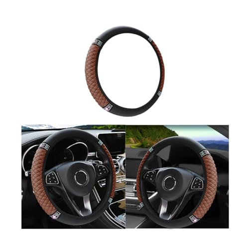 Leather Car Steering Wheel Cover, 15 Inch Colorful Rhinestones Elastic Auto Steering Wheel Protector, Bling Steering Wheel Cover for Women Men, Car Accessories for Cars, Vehicles, SUVs (Brown) - color: Brown