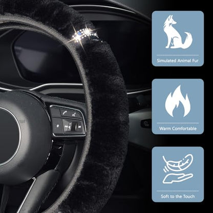 ZHOL Plush Steering Wheel Cover with Bling Bling Crystal Rhinestone, Universal 15 Inch Softy Fluffy Steering Wheel Cover for Women Girls, Anti-Slip, Winter Warm, Black - color: Diamond-set Black
