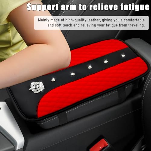 Bling Crown Car Center Console Mats, Anti-Slip and Waterproof Crystal Car Armrest Pad Protector, Universal Rustproof Armrest Decor Cushion for Cars & SUVs, Car Accessories (Red) - color: Red