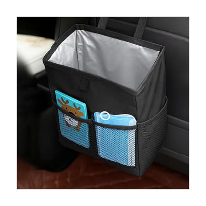 Car Trash Bag, Leak-Proof Large Capacity 3.4 Gallons Hanging Vehicle Trash Bin with Storage Pocket, Multipurpose Portable Auto Garbage Bag for Travel, Universal Fit (Black)