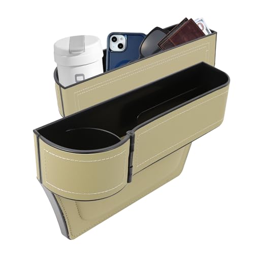 Car Seat Gap Filler Organizer, Multifunctional Car Seat Organizer with Adjustable Cup Holder, Leather Car Seat Gap Storage Box for Holding Phones, Coins, Cards, Keys, Pens (Beige) - color: Beige