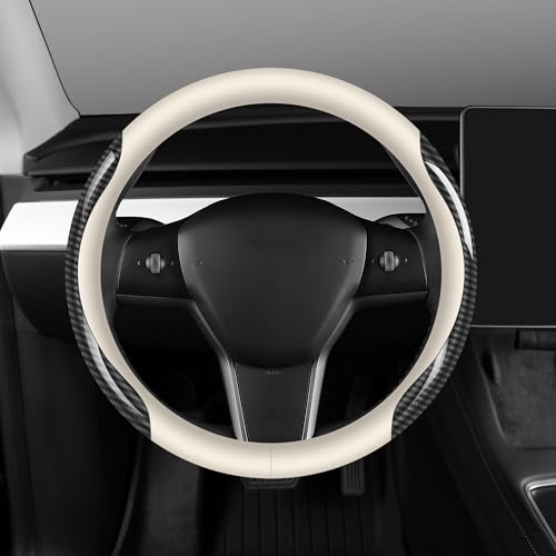 Nappa Leather car Steering Wheel Cover,Carbon Fiber Sports car Interior Non-Slip Ultrathin 15 inches Universal (White) - color: WHITE