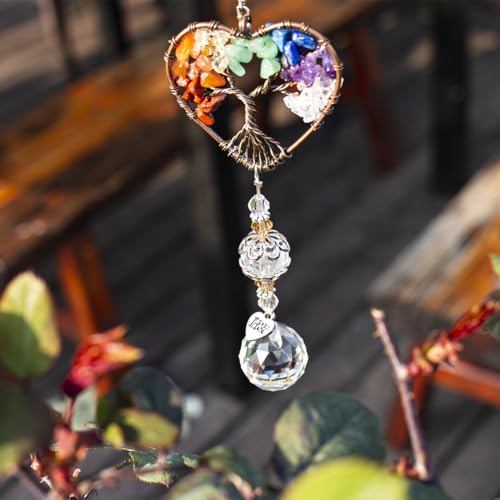 H&D HYALINE & DORA Suncatcher Window Hanging Tree of Life Heart Shaped Crystal Ball Prism Drop Pendant - color: Colorful