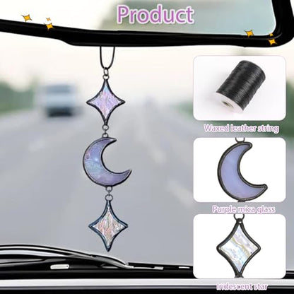 Stained Glass Moon Car Decor Charm Star Rear View Mirror Accessories Perfect Witchy Gift for Man Woman Spiritual Souls and Lunar Lovers