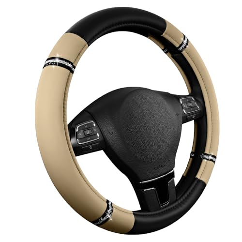 Road Comfort Leather Steering Wheel Cover – Premium Anti-Slip Car Steering Wheel Grip Cover – Universal Fit for 14.5”–15” Cars, Trucks & SUVs - Beige - color: Beige