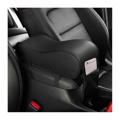 Car Armrest Cushion, Memory Foam Auto Armrest Cushion Pad with Phone Holder Storage Bag, Leather Center Console Armrest Pillow for Most Vehicles, Universal Car Accessories (Black)