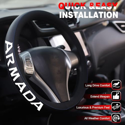 XITER Leather Steering Wheel Cover for Armada 2008-2026,with Armada Logo - color: Armada 2008-2026,With "Armada" LOGO
