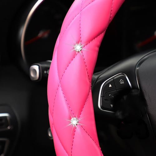 YOGURTCK Cute Diamond Soft Leather Anti-Slip Steering Wheel Cover with Bling Bling Crystal Rhinestones, Universal 15 Inch for Women Girls, Fit Vehicles, Sedans, SUVs, Vans, Trucks - Hot Pink - color: A-Hot Pink