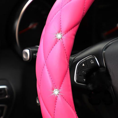 YOGURTCK Cute Diamond Soft Leather Anti-Slip Steering Wheel Cover with Bling Bling Crystal Rhinestones, Universal 15 Inch for Women Girls, Fit Vehicles, Sedans, SUVs, Vans, Trucks - Hot Pink - color: A-Hot Pink