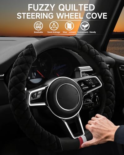 Cxtiy Universal Car Steering Wheel Cover Fluffy Winter Plush Steering Wheel Cover (A-Black) - color: A-black