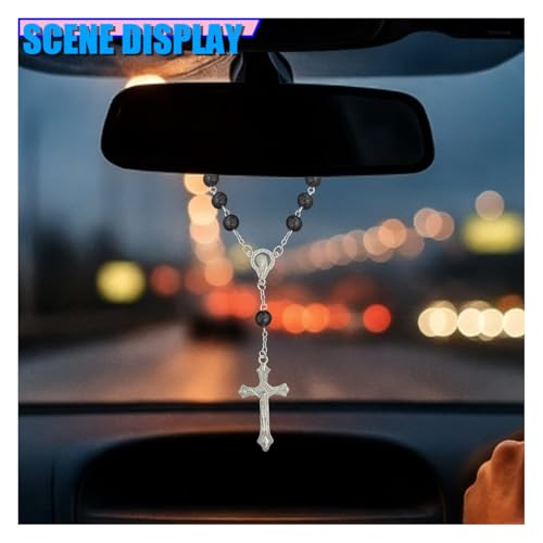 2PCS Rosary Car Rear View Mirror Charm, Personalized Medal and Cross Automotive Interior Pendant, Universal Vehicle Mirror Hanging Ornament Accessories for Women Men(Black)