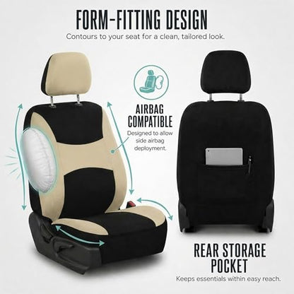 Automotive Seat Covers Beige Black Universal Fit Seat Cover Combo Set with Steering Wheel Cover and Seat Belt Pad (Airbag Compatible and Split Bench) - color: Beige/Black
