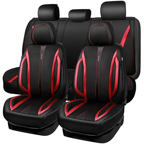 CAR PASS Nappa Leather Car Seat Covers, Durable Waterproof Luxury Universal Seat Covers for SUV Pick-up Truck Sedan, Anti-Slip Driver 5 Seat Covers Full Set with Backrest, Black Metallic Red - color: Black Metallic Red, size: Full Set