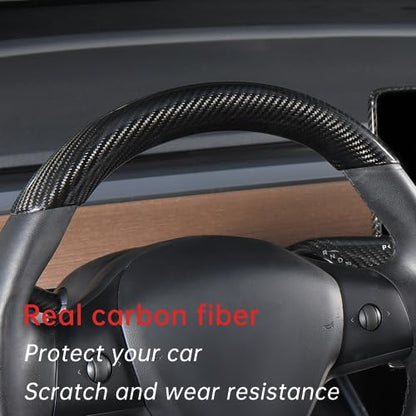 JSWAN Real Carbon Fiber Steering Wheel Cover for Tesla Model 3 2017 to 2023 Model Y 2020 to 2024 Steering Wheel Cover Steering Wheel Wrap Protector Interior Accessories (Bright Black Upper Part)