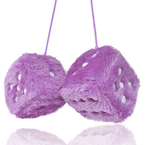 Fuzzy Plush Dice for Car Mirror, Pair of Retro 3” Purple Dice with White Dots for Car Interior Hanging Ornament Decoration - color: Purple