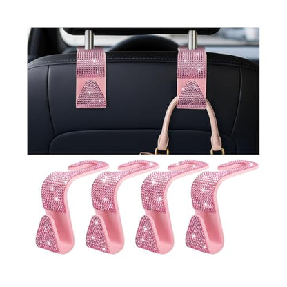 4PCS Bling Car Seat Headrest Hooks, Vehicle Back Seat Purse Handbag Hanging Holder with Crystal Rhinestone, Diamond Storage Organizer Hook, Universal Automotive Accessories (Pink)
