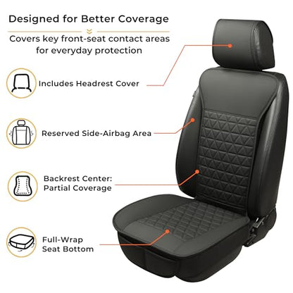 Black Seal 1-Pack Front Car Seat Cover, Faux Leather Seat Bottom Cover with Partial Backrest Protection, Side Wrap Design, Universal Fit for Most Cars, SUVs, Trucks, Vans (Black) - color: Single-Black