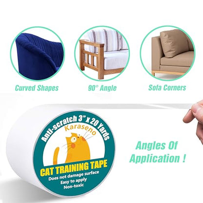 Karaseno Anti Cat Scratch Tape: 3 inches x 20 Yards Cat Training Tape, 100% Transparent Clear Double Sided Deterrent Tape Furniture Protector - size: 3 inches x 20 Yards