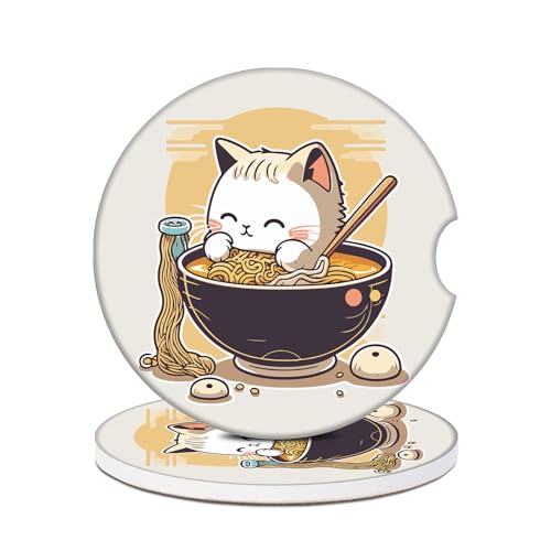 Cute Anime Cat Car Coasters for Cup Holders, 2 Pack Absorbent Ceramic Animals Car Cup Coasters Interior Accessories 2.56 Inch for Women Men - color: Cute Anime Cat