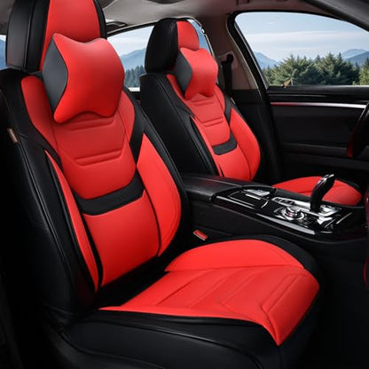 TIEHESYT Car Seat Covers Full Set, Breathable Leather Automotive Front and Rear Seat Covers & Headrest for Reduce The Driving Fatigue, Compatible with Most Vehicles, Cars (Black&Red, Front Pair) - color: Black&Red, size: Front Pair