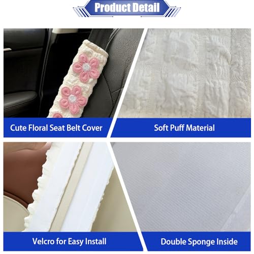 JDDRY 2PC Car Seat Belt Covers Pads,Seat Strap Pads,Auto Seat Belt Pad,Fit for Most Vehicles,Car Interior Accessories(Three Flower,Pink)