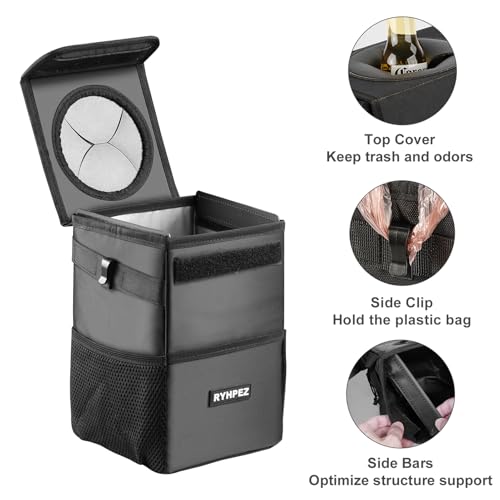 Ryhpez Car Trash Can with Lid - Leakproof Trash Bin Car Garbage Can, Collapsible Automotive Truck Organizer and Storage Bag Car Accessories for Women Men Road Trip Essentials
