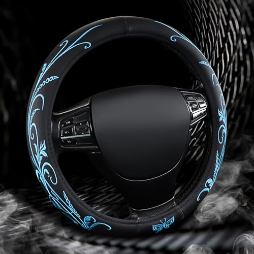 Blue Embroidery Butterfly Car Steering Wheel Cover,14.5-15 Inch Universal Leather Covers Breathable Anti-Slip Odorless Steering Wheels Accessories for Men Women - color: Embroidery-Blue