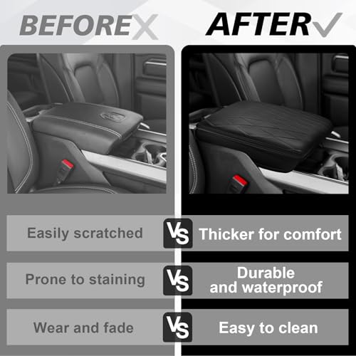 Center Console Armrest Cover Fit for Ram 1500 2500 3500 2019-2026 Accessories, Comfort Armrest Pad Console Lid Cushion Vegan Leather 1-Inch Extra Thick, Bucket Seat ONLY (V2 Diamond Pattern) - size: 3) 19-25|Ram1500/2500/3500|Bucket Seat,+Thick,V2