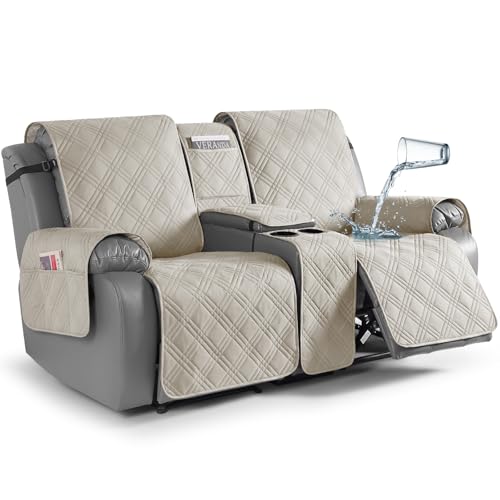 TAOCOCO Reclining Loveseat Cover with Console, 100% Waterproof Pet Covers for Dual Recliner with Mug Holder, Split Console Cover Loveseat Covers Furniture Pet & Kids Protector (2 Seater, Cream) - color: Cream, size: 2 Seater