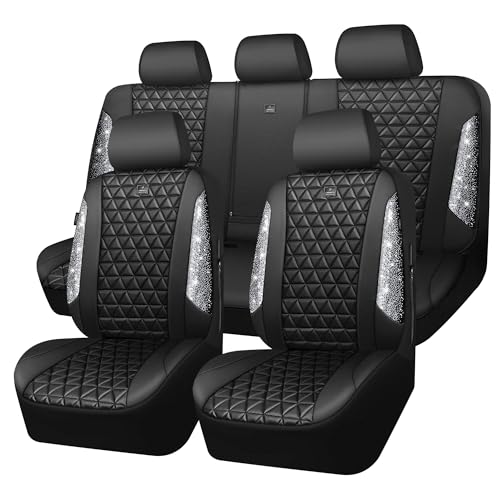 CAR PASS Bling Diamond Leather Car Seat Covers Full Seats Interior Sets, Waterproof Shining Glitter Sparkly Crystal Universal Armrest Fit Automotive Truck SUV Cute Women Girl, Black Silver Rhinestone - color: Silver Rhinestone, size: Full Set