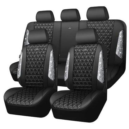 CAR PASS Bling Diamond Leather Car Seat Covers Full Seats Interior Sets, Waterproof Shining Glitter Sparkly Crystal Universal Armrest Fit Automotive Truck SUV Cute Women Girl, Black Silver Rhinestone - color: Silver Rhinestone, size: Full Set