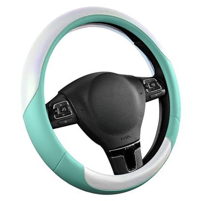 Road Comforts Steering Wheel Cover – Breathable Leather Steering Wheel Cover, Anti-Slip Grip, Universal Fit 14.5” to 15”, Heat & Cold Resistant for Cars, SUVs, and Trucks –Shining White & Mint - color: White&Mint