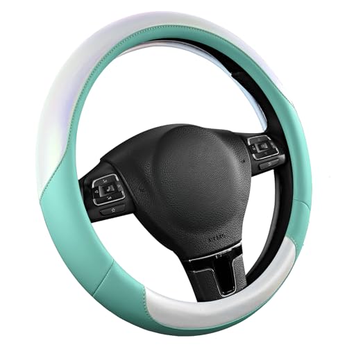 Road Comforts Steering Wheel Cover – Breathable Leather Steering Wheel Cover, Anti-Slip Grip, Universal Fit 14.5” to 15”, Heat & Cold Resistant for Cars, SUVs, and Trucks –Shining White & Mint - color: White&Mint