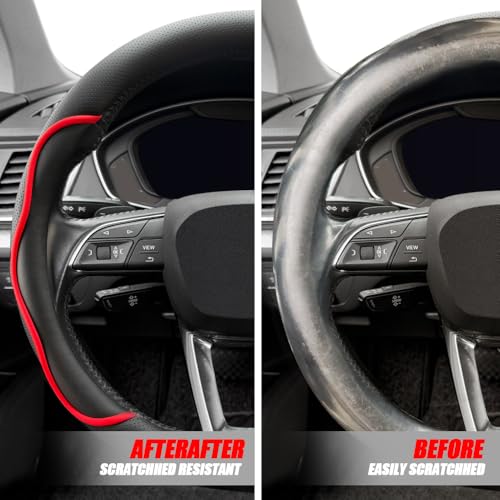 Nappa Leather Steering Wheel Cover. Stylish Striped Design, Universal fit for 14.5–15-inch Steering Wheels, Slip-Resistant and Breathable, Protects the Steering Wheel. Black and red - color: Black and red