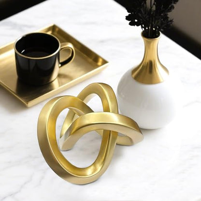 Gold Geometric Knot Sculpture - Small Resin Infinity Loop Statue, Modern Tabletop Art Object for Coffee Table, Bookshelf, Desk Decor & Home Accents