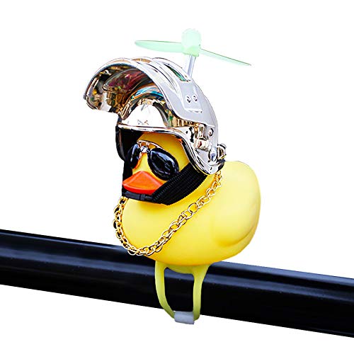 Rubber Duck Toy Car Ornaments Yellow Duck Car Dashboard Decorations Squeeze Duck Bicycle Horns with Propeller Helmet - color: Gold