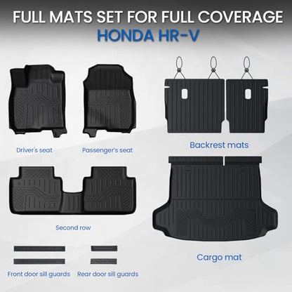 Floor Mats Set for 2023-2025 2026 Honda HR-V, All Weather TPE Backrest Mat Trunk Mat Cargo Liner Door Sill Guards Accessories for HRV (Floor Mats Set)