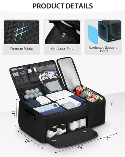 Golf Organizer for Car Trunk with Cooler, Anti-Sag Design, Ventilated Shoe Compartment, 2-Layer Storage Bag for Golf Accessories, Fits SUVs & Sedans - Black