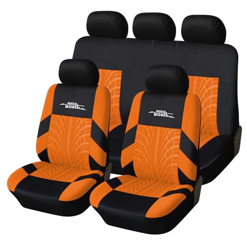 AUTOYOUTH Orange Car Seat Covers Full Set, 3D Tyre Embossed Front Bucket & Split Rear Bench Covers, Airbag Compatible, Quick Setup Universal Fit for Car, SUV, Seat Protectors (9pcs) - color: Orange, size: Full Set (9 pieces)