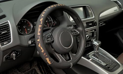 Steering Wheel Cover, Made with Breathable Microfiber Leather and Leopard Fabric, Universal 14.5-15 inchs for Most Automotive Steering Wheel,Cheetah Print, Black - color: Leopard Print