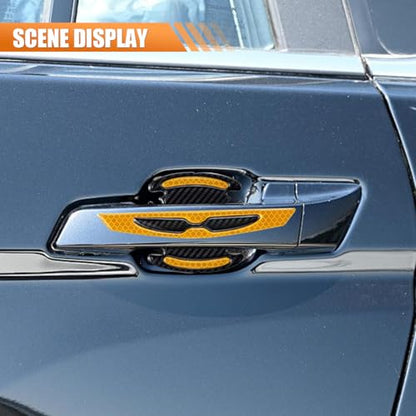BDZMC 8PCS Car Door Handle Protector Stickers, 3D Carbon Fiber Paint Guard Cover, Outdoor Safety Warning Reflective Protective Films, Car Door Handle Scratch Protector for Most Cars (Yellow)