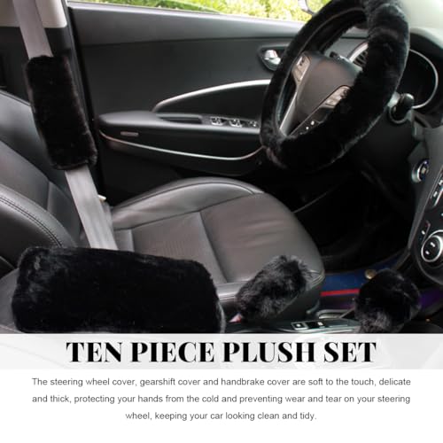 10 PCS Fluffy Steering Wheel Covers Set, 15 Inch Soft Steering Wheel Cover, Handbrake Cover & Gear Shift Cover & Seat Belt Cover & Gear Shift Cover & Diamond Ignition Ring (Black)