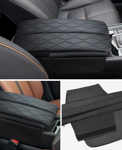 INTGET Center Console Cover for Mazda CX5 Accessories 2026/CX50 CX-50 2023 2024 2025 2026 Car Interior Leather Armrest Arm Rest Lid Cushion Pad Protector (2023+, Black Stitches with Pattern) - size: Black Stitches with Pattern