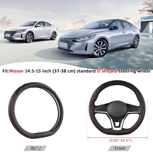 Customized Auto Car Steering Wheel Cover for Nissan,D Shaped Steering Wheel Cover for Rogue,Altima,Kicks (D-Shaped-Black+Red Line)