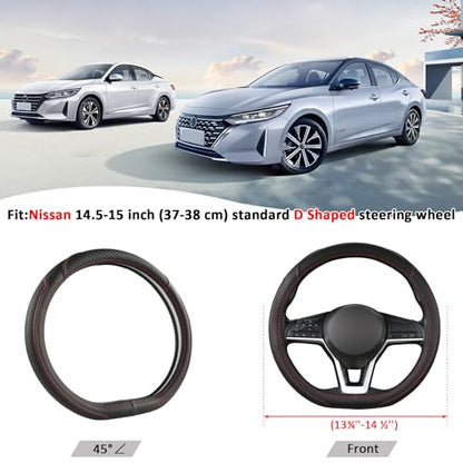 Customized Auto Car Steering Wheel Cover for Nissan,D Shaped Steering Wheel Cover for Rogue,Altima,Kicks (D-Shaped-Black+Red Line)