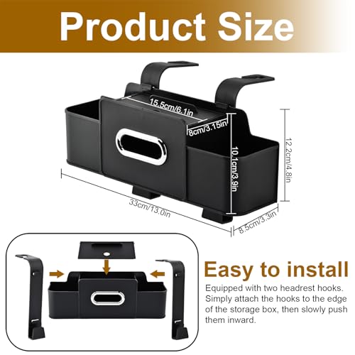 4-in-1 Back Seat Car Organizer with Extra Large Capacity, 2 Cup Holders, Tissue Box Dispenser & Storage Hook for Phone, Snacks, Toys(Black)