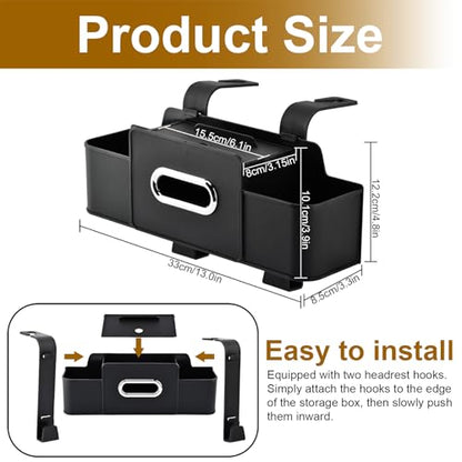 4-in-1 Back Seat Car Organizer with Extra Large Capacity, 2 Cup Holders, Tissue Box Dispenser & Storage Hook for Phone, Snacks, Toys(Black)